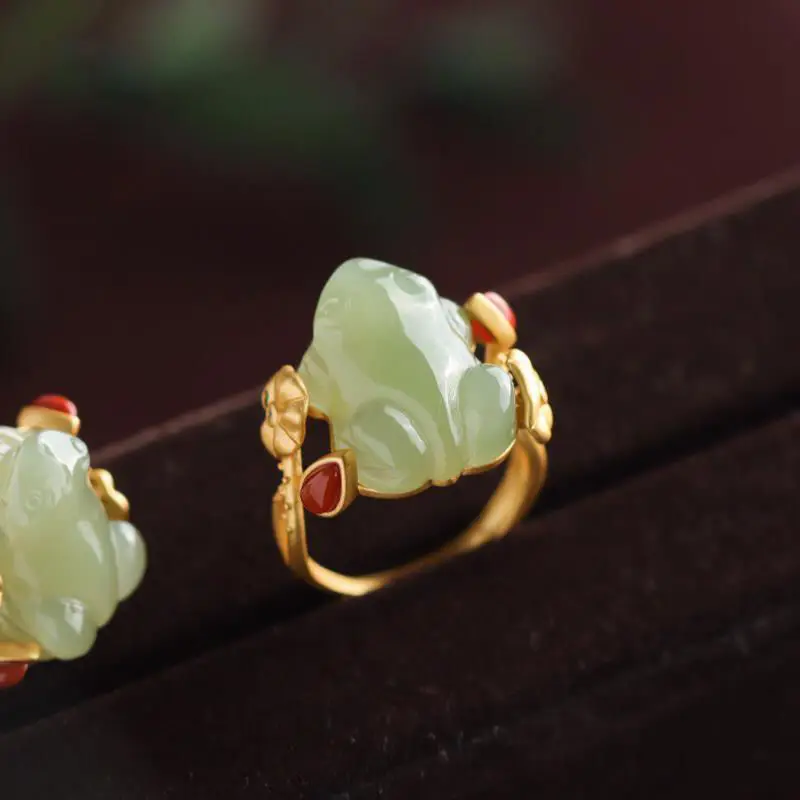 Rings - Yeşil yeşim kurbağa yüzük Charms doğal