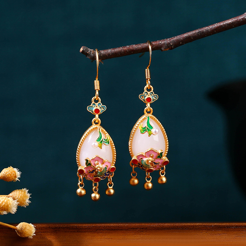 Earrings - Doğal Yeşim Çiçek Küpe Charm Muska